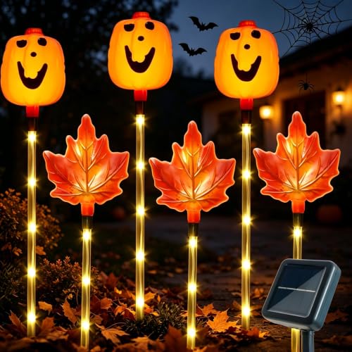 Halloween Solar Pathway Lights - Pumpkin & Leaf Stake Lights with 8 Modes - Outdoor Garden Decor (D - Pumpkin Leaf)