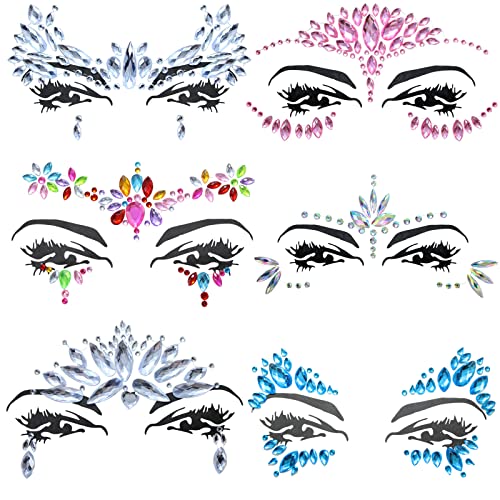 Multicolor Blue Face Jewels Stick On - 6 Sheets Rhinestones for Makeup & Festival
