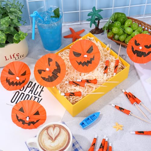 120 Pcs Summer Halloween Cocktail Umbrellas Drink Picks Pumpkin Design