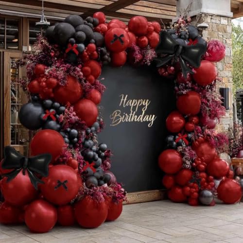Dark Red Black Balloon Arch Kit with Bow - Burgundy & Maroon Balloon Garland for Birthday Halloween Wedding