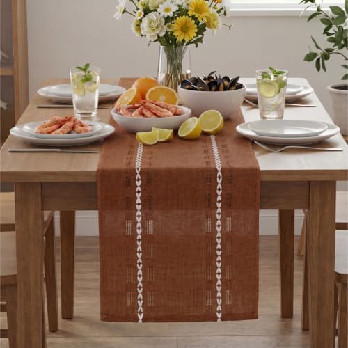 Farmhouse Caramel Embroidered Table Runner 13x48 Inch - Fall Rustic Kitchen Decor