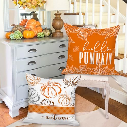 Fall Pillow Covers Set of 4 - 24x24 Inch Autumn Cushion Cases for Thanksgiving & Halloween - Orange / 24"x24"