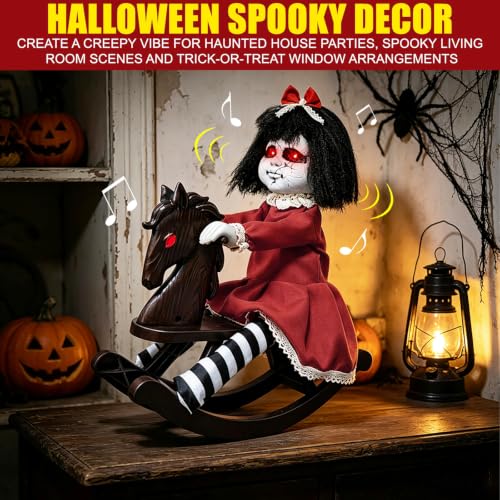 Halloween Animatronic Girl Doll on Rocking Horse with Lights - Multicolor