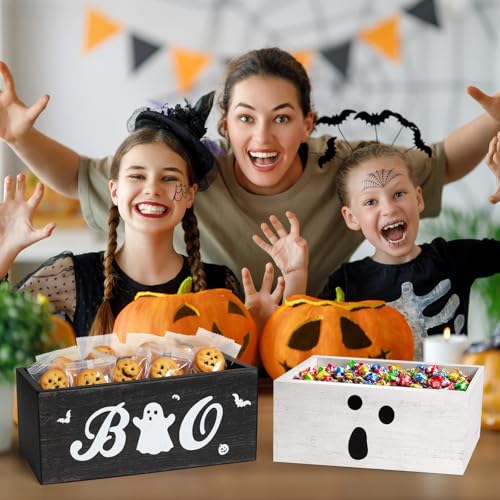 Halloween Candy Bowl Set with Boo Ghost Rustic Wooden Serving Dishes - Black & White, 2 Pieces