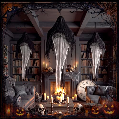 Halloween Ghost Decorations Set - 3 Hanging Grim Skeleton Ghosts Outdoor Indoor