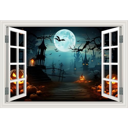 Halloween Fake Window Decal - Scary Spelo Alley Scene 48x32 Inch - Party Decor Sticker