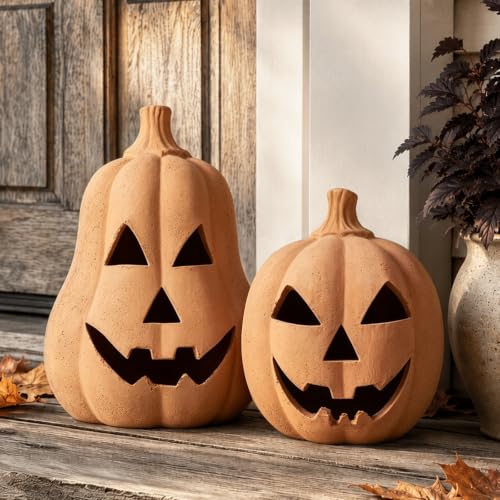 Set of 2 Handmade Terracotta Jack O'Lantern Halloween Decorations