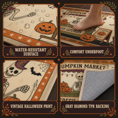 Halloween Skeleton Pumpkin Kitchen Mat Set of 2 - Non Slip Fall Rug with Autumn Decor - Skeleton Pumpkin Market Variation