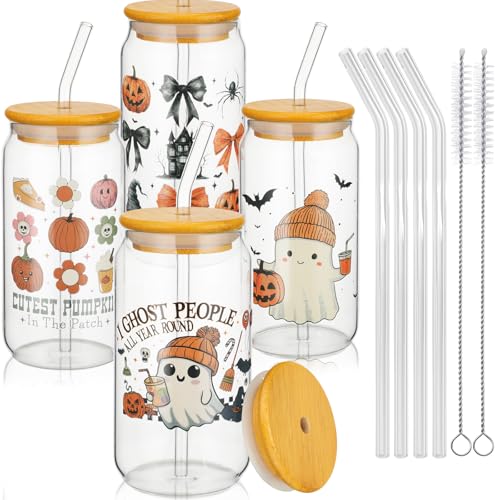 Cute Halloween Glass Cups Set with Bamboo Lids & Straws - Ghost & Pumpkin Design, 16oz - 4 Pack