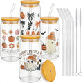 Cute Halloween Glass Cups Set with Bamboo Lids & Straws - Ghost & Pumpkin Design, 16oz - 4 Pack