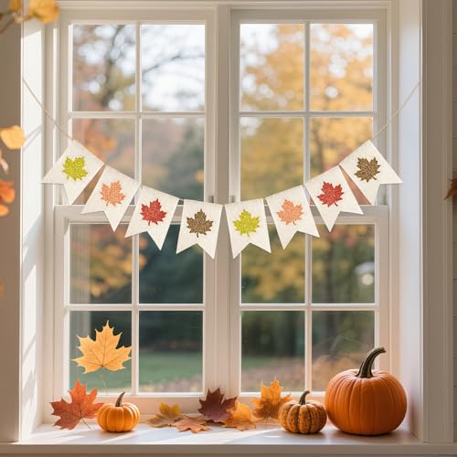 Beige Glitter Maple Leaf Banner - Fall Burlap Garland for Thanksgiving & Harvest