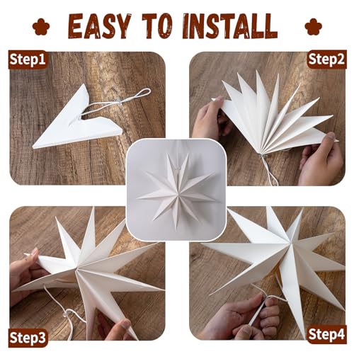 White 12 Pack 9-Pointed Large 3D Paper Star Lanterns with Star Garland for Party & Home Decor
