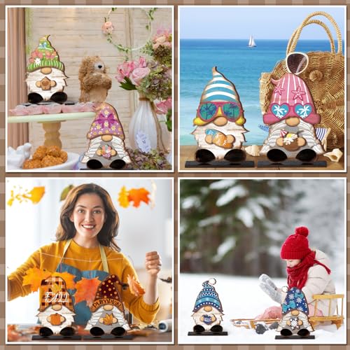 Seasonal Wooden Gnome Decor Set with Interchangeable Hats and Accessories - Farmhouse Holiday Centerpieces