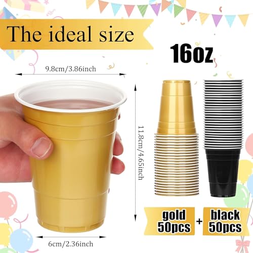 Black & Gold Disposable Plastic Cups 16oz - 100 Pack for Parties & Events