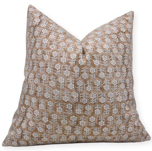 Camel Brown Handmade Block Print 16x16 Inch Cotton Throw Pillow Cover - Fall Decor for Sofa & Bed