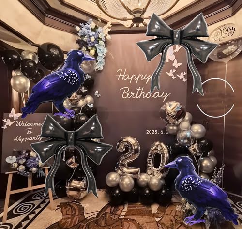 Gothic Halloween Crow and Bow Balloons Set - Dark Theme Party Decorations, 4pcs