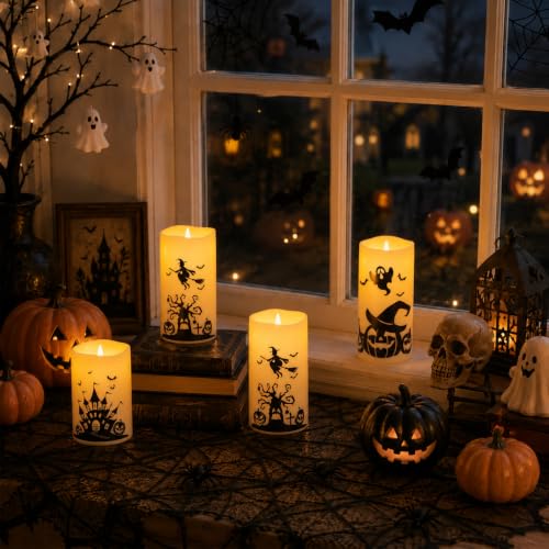 Halloween Flameless Candles with Remote Control - Haunted House & Pumpkin Scene