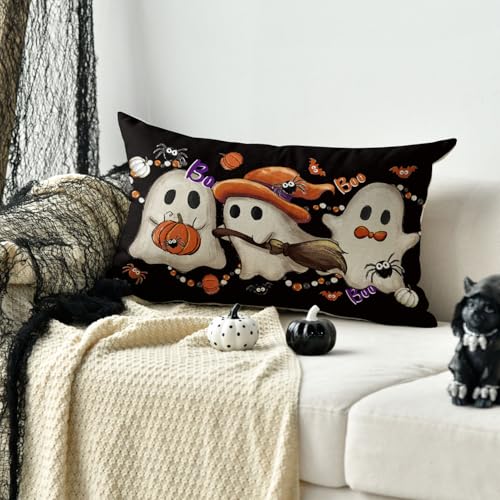Halloween Ghost Wizard Throw Pillow Cover 12x20 Black Spooky Bat Pumpkin Cushion Case