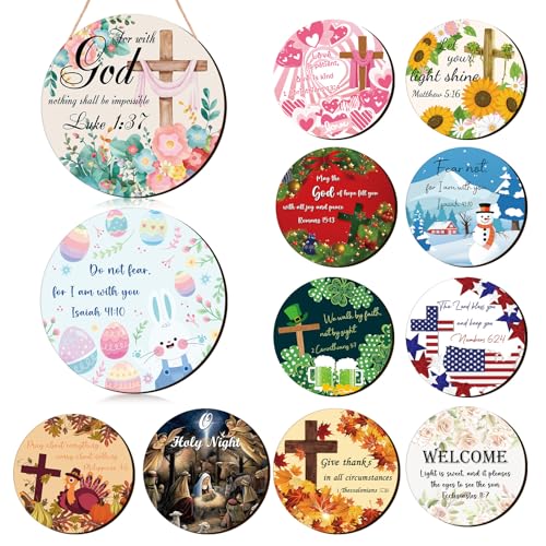 12-Pack Christian Seasonal Wooden Sign Set for Holidays & Home Decor