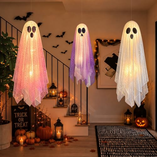 Halloween Ghost String Lights 3-Piece Outdoor Indoor Decor with 8 Lighting Modes