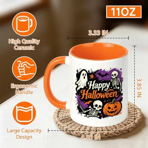 Halloween Coffee Mug - Happy Halloween Ghost Skeleton Pumpkin Bat Ceramic Cup - Spooky Cute 11oz