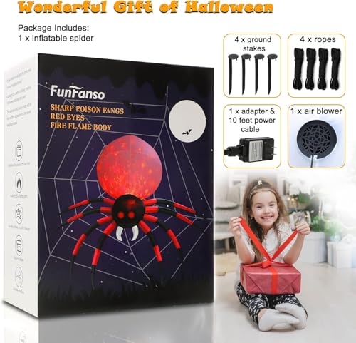 10FT Inflatable Spider Halloween Yard Decor with Rotating LED Flame and Stabilizing Accessories - Outdoor Garden Lawn Ghost Prop