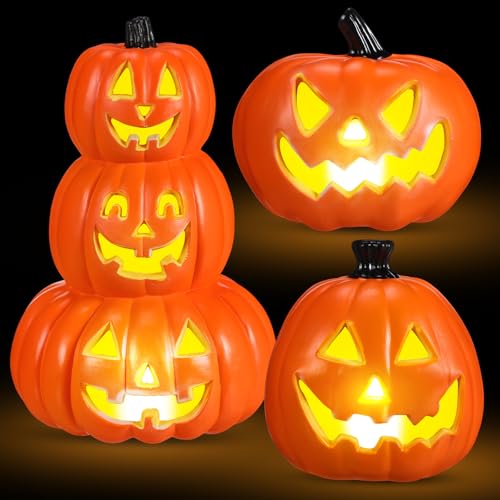Halloween LED Pumpkin Lantern Set - Mixed Size 3 Pcs Stacked Jack-O'-Lanterns