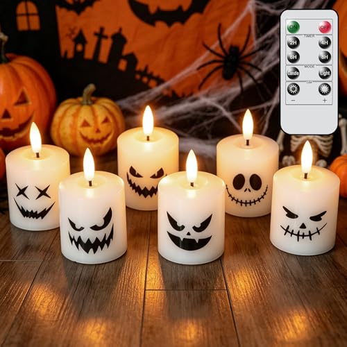Halloween Flameless Votive Candles with Remote Control - Ghost Face Variation