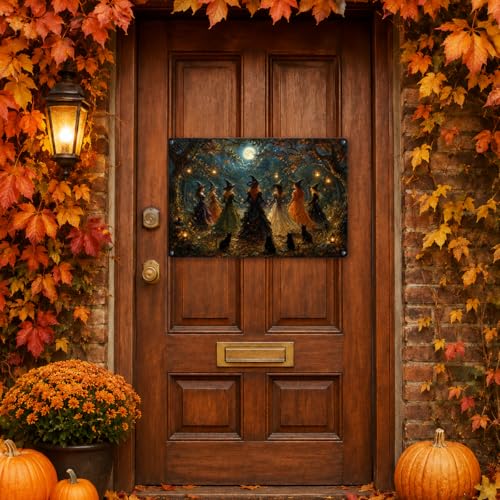 Halloween Witches Metal Sign Spooky Midnight Gathering Wall Decor 12x8 Inches