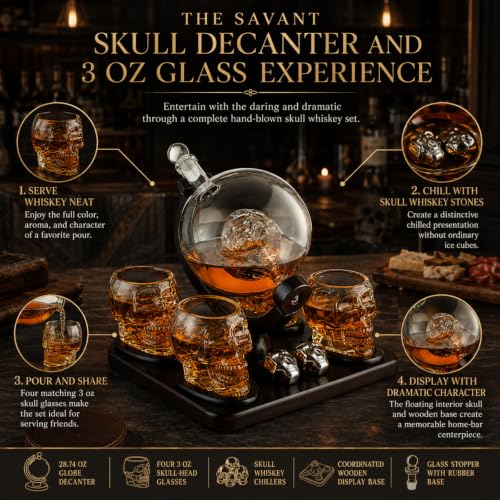 Skull Skeleton Whiskey Decanter Set with 4 Shot Glasses & Chillers - Gothic Barware Gift