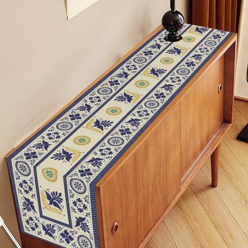 Ceramic Mexican Table Runner 13x36 Inches - Blue Floral Birds, Farmhouse Decor