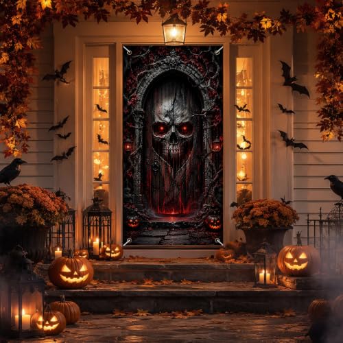 Halloween Glowing Skull Door Cover - Dark Gothic Gate Decoration 35x71 Inch