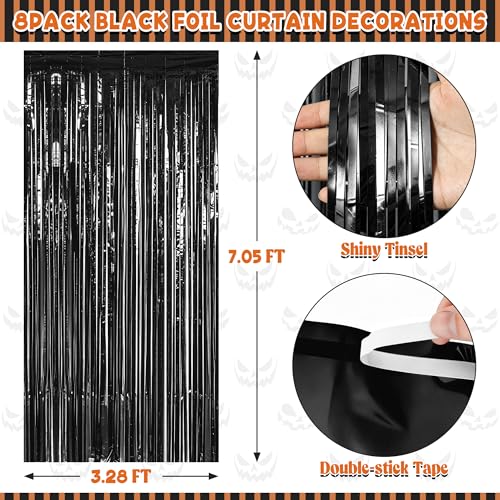 Black Foil Curtain Streamer Set - 8 Pack Halloween Party Decorations - 3.28 x 7.05 ft