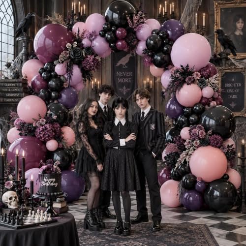 Black Pink Purple Balloons Double Stuffed Balloon Garland Kit for Halloween Birthday Baby Shower Wedding
