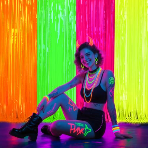 Glow in The Dark Neon Party Supplies - 4-Pack Fluorescent Curtain Set - Orange, Green, Yellow, Pink