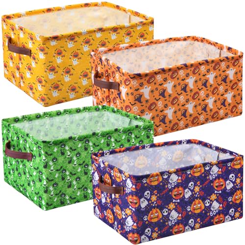 Halloween Storage Baskets - Foldable Canvas Organizer Bins with Handles - 4 Pack