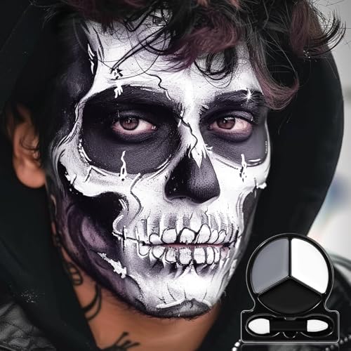 Black White Grey Face & Body Paint Kit with Applicator - Skeleton Halloween Makeup - Travel Size