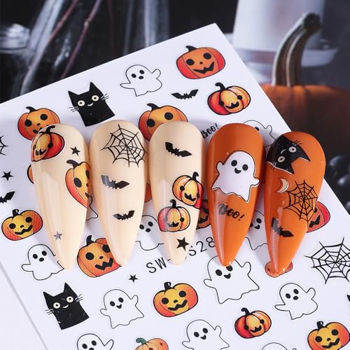 Halloween Ghost Nail Stickers Set - White 1 - 4 Sheets Self-Adhesive 3D Decals for Nails