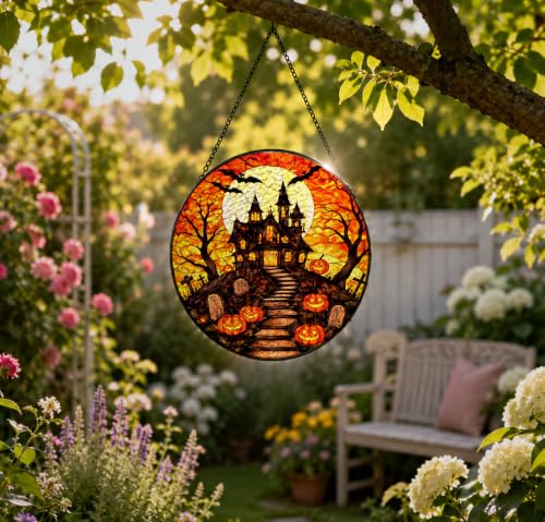 Haunted House Pumpkin Halloween Stained Glass Suncatcher - Color10
