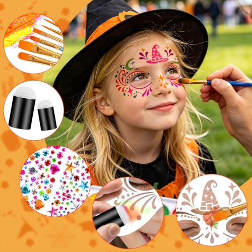 Halloween Face Paint Stencils Kit - 58pcs Makeup & Tattoo Templates, Brushes, Gems & Sponges - Halloween Variation