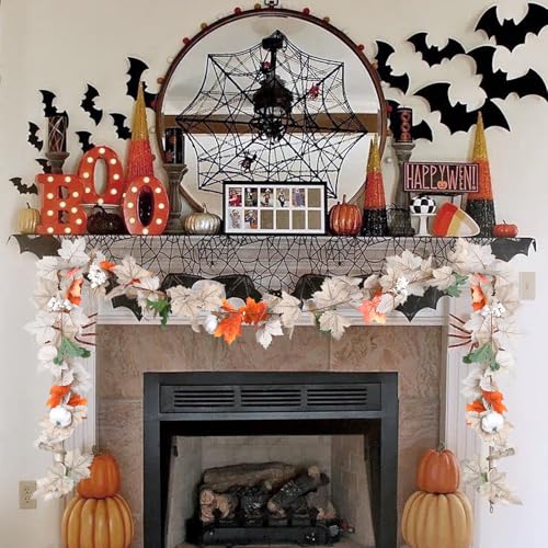 Fall Maple Leaf Garland with White Pumpkins & Berries - 2 Pack, 11.6 Ft Autumn Decor, Thanksgiving Halloween - White Fall Garlands