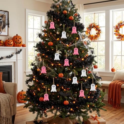 Cute 10 Pack Pink Halloween Ghost Hanging Ornaments - Metal Decor Set