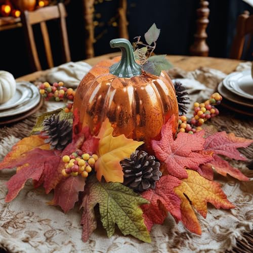 Lighted Pumpkin Fall Decor with LED String, Faux Leaves Berries Pinecones - Indoor Outdoor Thanksgiving Centerpiece