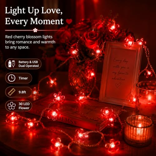 10ft Red Cherry Blossom Flower Fairy Lights String USB & Battery Operated