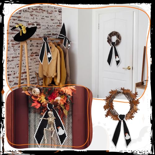 Halloween Ghost Wreath Sash Set - Black Scalloped Front Door Decor, 6 Pieces, Ghost Pattern