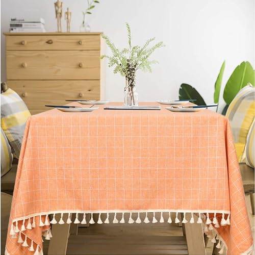 Coral Gingham Tablecloth 55x102 Inches Embroidered Cotton & Polyester Farmhouse Decor