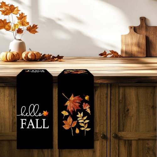 Hello Fall Kitchen Towels Set of 2 - Autumn Maple Leaves Decorative Hand Towels