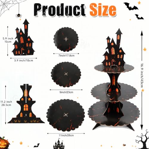 Halloween 3 Tier Cupcake Stand - Haunted Castle Design for Party Decor - Black