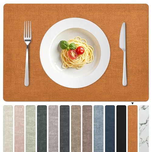 Faux Leather Placemats Set of 8 - Reversible Orange & Grey, 11.8 x 17 Inches - Kid Safe & Waterproof