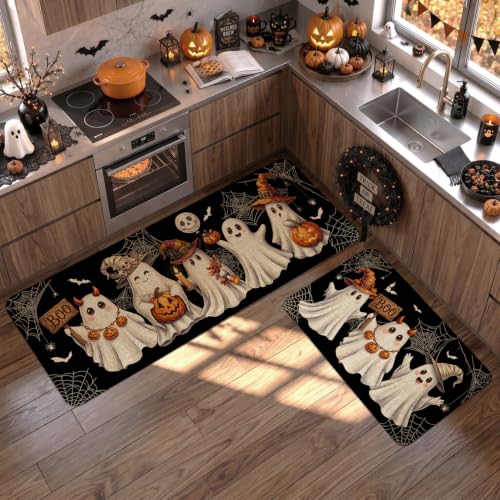 Halloween Ghost Kitchen Mat Decor Set of 2 - Black Ghost Indoor Rugs for Halloween